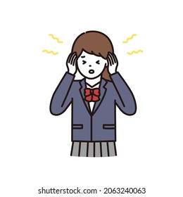 Illustrations of high school girls and junior high school students in uniforms suffering from headaches and dizziness