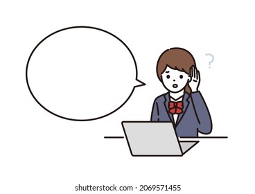 Illustrations of high school girls and junior high school students with deafness who are hard to hear in front of a computer