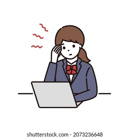 Illustrations of high school girls and junior high school students in school uniforms suffering from headaches and tinnitus in front of a computer