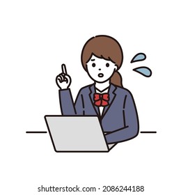 Illustrations of high school girls and junior high school students in school uniforms explaining in front of a laptop computer