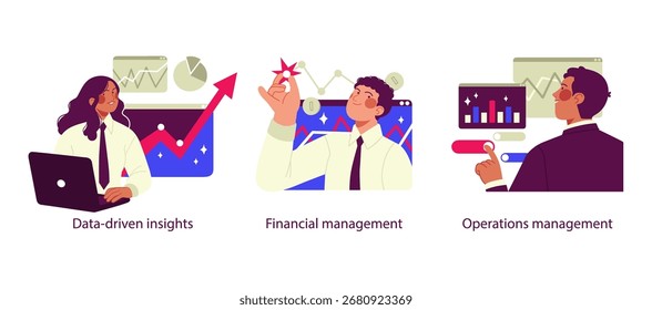Ilustraciones que destacan la inteligencia y la gestión de negocios con IA, incluida la información basada en datos, la gestión financiera y la gestión de operaciones para la toma de decisiones y el crecimiento.