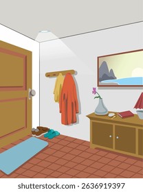 Illustrations of home interiors, entrances, coats, shoes and artwork