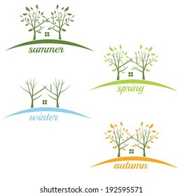 Illustrations house with trees in the style of negative space by