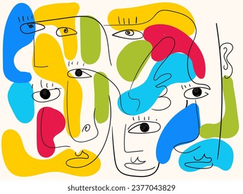 Illustrations of human facial portraits in an abstract, Cubist style, created in a hand-drawn vector format. Perfect for wall art, posters, cards, home decor, and prints.