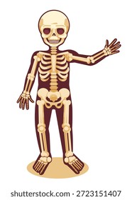 Ilustraciones del sistema esquelético humano, Una ilustración de dibujos animados de un esqueleto humano ondeando y sonriendo.