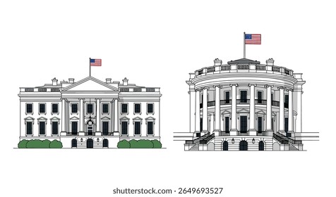 Illustrations of the iconic white house west wing and the neoclassical east wing showcasing architectural grandeur and historical significance in the united states capital washington dc