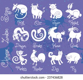 Illustrations or icons of all twelve Chinese zodiac animals. Vector illustration.