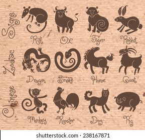 Illustrations or icons of all twelve Chinese zodiac animals. Vector illustration.