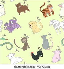 Illustrations or icons of all twelve Chinese zodiac animals. Vector illustration. Seamless pattern.
