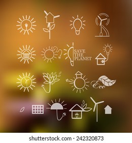Illustrations with icons of ecology, environment, green energy and pollution. Vector.  