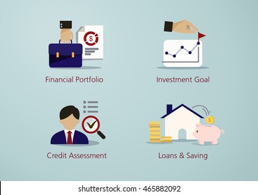 Illustrations / icons of four general activities (terms) in the finance industry, Financial Portfolio, Investment Goal, Credit Assessment and Loans & Saving.
