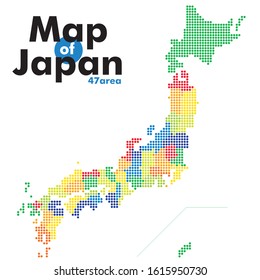 Illustrations, icons and graphic materials of the map of Japan expressed in dots. It is divided into 47 prefectures.