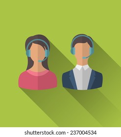 Illustrations icons of male and female avatars for operators call center or support service, modern flat style with long shadows - vector
