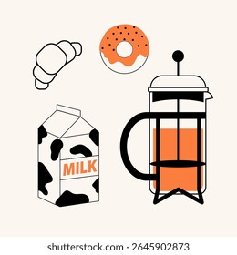 Сilustrações ou ícones de conceito сoffee) para menu, cozinha, café, design de pôster. Imprensa francesa, donut, croissant, leite. Arte minimalista vetorial.
