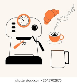 Сoffee сoncept illustrations or icons for menu, kitchen, cafe, poster design. Coffee machine, cappuccino,croissant,milk. Vector minimalist art.
