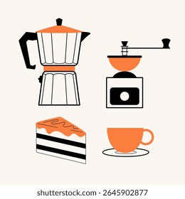 Сoffee сoncept illustrations or icons for menu, kitchen, cafe, poster design. Espresso maker, manual coffee grinder, mug, cake. Vector minimalist art.
