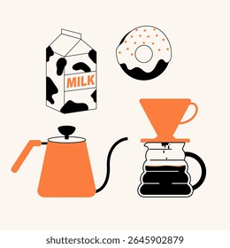 Сoffee сoncept illustrations or icons for menu, kitchen, cafe, poster design. Drip coffee, doughnut, milk. Vector minimalist art.
