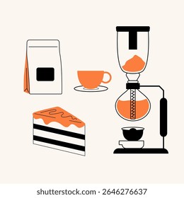 Сoffee сoncept illustrations or icons for menu, kitchen, cafe, poster design. Vacuum coffee maker,cake. Vector minimalist art.

