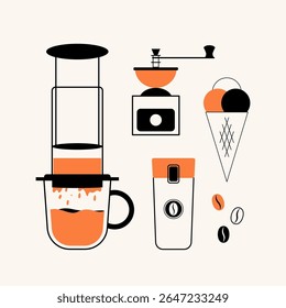 Сoffee сoncept illustrations or icons for menu, kitchen, cafe, poster design. Сoffeepress maker,manual grinder, ice cream, travel mug. Vector minimalist art.
