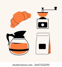 Сoffee сoncept illustrations or icons for menu, kitchen, cafe, poster design. Drip coffee, manual grinder, croissant. Vector minimalist art.
