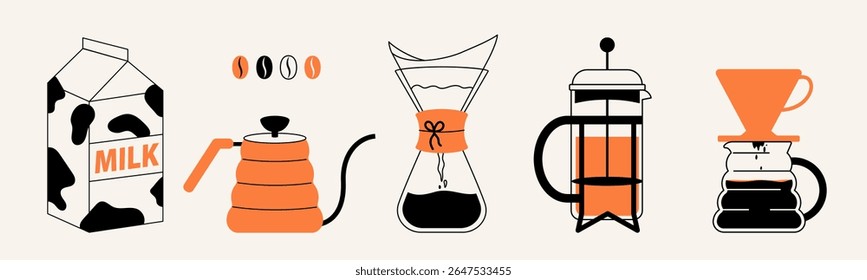 Сoffee сoncept illustrations or icons for menu, kitchen, cafe, poster design. Pour-over dripper, gooseneck kettle, manual grinder, french press, milk. Vector minimalist art.
