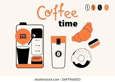 Сoffee сoncept illustrations or icons for menu, kitchen, cafe, poster design. Сapsule coffee machine, doughnut, сoffee tumbler, croissant, macaron. Vector minimalist art.
