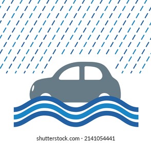 Illustrations, icons, silhouettes of automobiles, vehicles, floods, heavy rains and floods. Non-life insurance natural disaster image