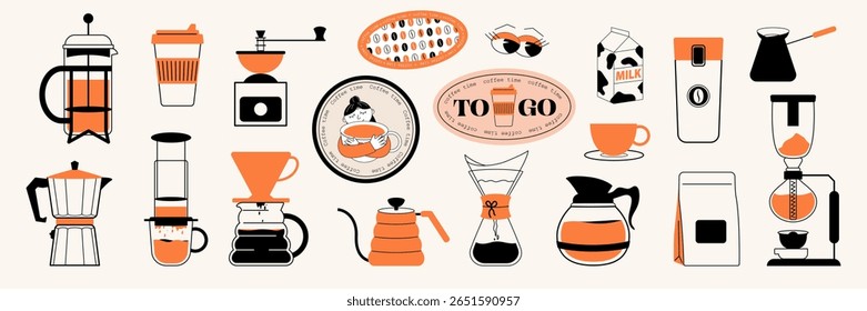 Сoffee  illustrations, icons, stickers for menu, kitchen, cafe, poster and store design. Character with coffee mug. Drip coffee, kettle, grinder, french press, cup. Vector minimalist art.
