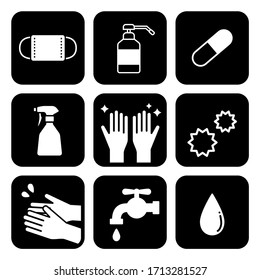 Illustrations and icons of tools to disinfect viruses and germs
