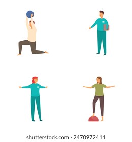 Illustrations of individuals engaged in various workouts, including yoga and weightlifting