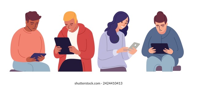 Ilustraciones de individuos sosteniendo y usando teléfonos móviles o tabletas. Personajes con smartphones en la mano, con dispositivos de sujeción tanto para hombres como para mujeres. Vector gráfico plano aislado en un blanco