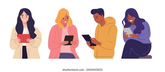 Ilustraciones de individuos sosteniendo y usando teléfonos móviles o tabletas. Personajes con smartphones en la mano, con dispositivos de sujeción tanto para hombres como para mujeres. Vector gráfico plano aislado en un blanco