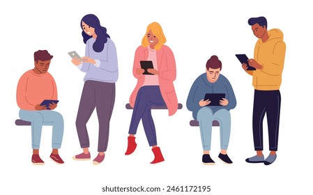 Ilustraciones de personas que poseen y utilizan teléfonos móviles o tabletas. Personajes con smartphones en la mano, con dispositivos de sujeción tanto para hombres como para mujeres. Navegar por Internet y chatear. F