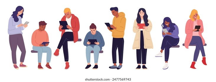 Ilustraciones de personas que poseen y utilizan teléfonos móviles o tabletas. Personajes con smartphones en la mano, con dispositivos de sujeción tanto para hombres como para mujeres. Navegar por Internet y chatear.