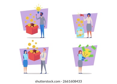 Illustrations of individuals sharing ideas about money management and investment. One person suggesting idea while others engaged with cash and savings to enhance financial success