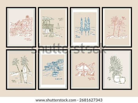 Illustrations inspired by La Dolce Vita, designed as prints with aesthetic quotes in a sketchy, vacation mood.