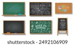 Illustrations of interactive boards for information on white background. Illustration set with various blackboards and equipment for presentation