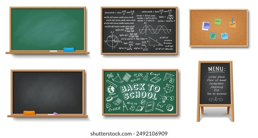 Illustrations of interactive boards for information on white background. Illustration set with various blackboards and equipment for presentation