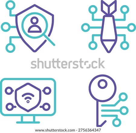 Illustrations of interconnected icons representing technology and data analysis
