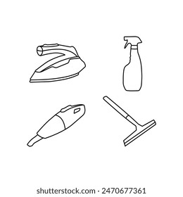 illustrations of an iron, cleaning spray, vacuum cleaner, and window wiper