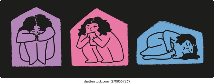 Ilustraciones de aislamiento, baja energía, agotamiento digital. Una persona dentro de su hogar en soledad, depresión y dependencia de las redes sociales en un estilo de arte simple y colores planos.