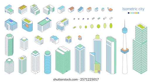 Illustrations of isometric buildings and houses. A set of materials that can be combined to create towns and cities.