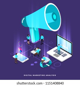 Illustrations Isometric Business Concept Teamwork Analysis Digital Marketing Graph Via Computer And Small People. Vector Illustrate.