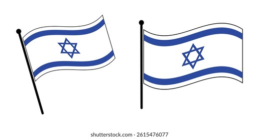 Illustrations of the Israeli flag waving in the wind from a flagpole.