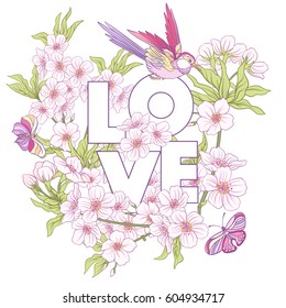 Illustrations with Japanese blossom pink sakura and birds and word Love. Vector stock illustration.
