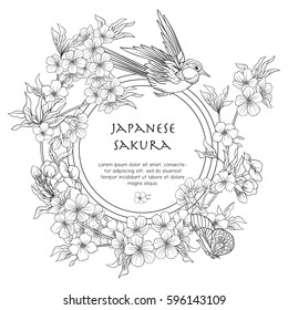 Illustrations with Japanese blossom sakura and with place for text. Outline drawing coloring page. Coloring book for adult. Vector stock illustration.