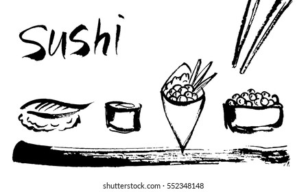 Illustrations of Japanese cuisine drawn in ink.