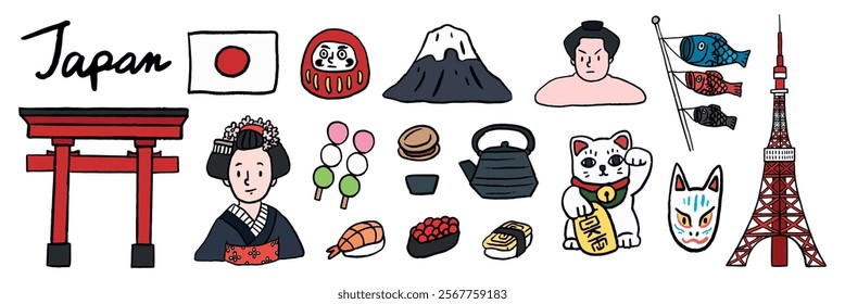 Illustrations of Japanese culture: traditional symbols like sushi, Mount Fuji, sumo, and geisha. Japanese icons like torii, koi, and teapot. Japan-themed art. Japan travel illustrations vector set.