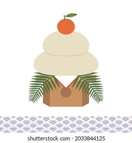 Illustrations and Japanese patterns of auspicious mirror mochi to decorate Japanese New Year. Color vector illustration. Ideal for New Year's cards. 
