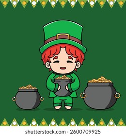 Illustrations of Kawaii Person Holds Sacks of Gold Coins to Celebrate St Patrick